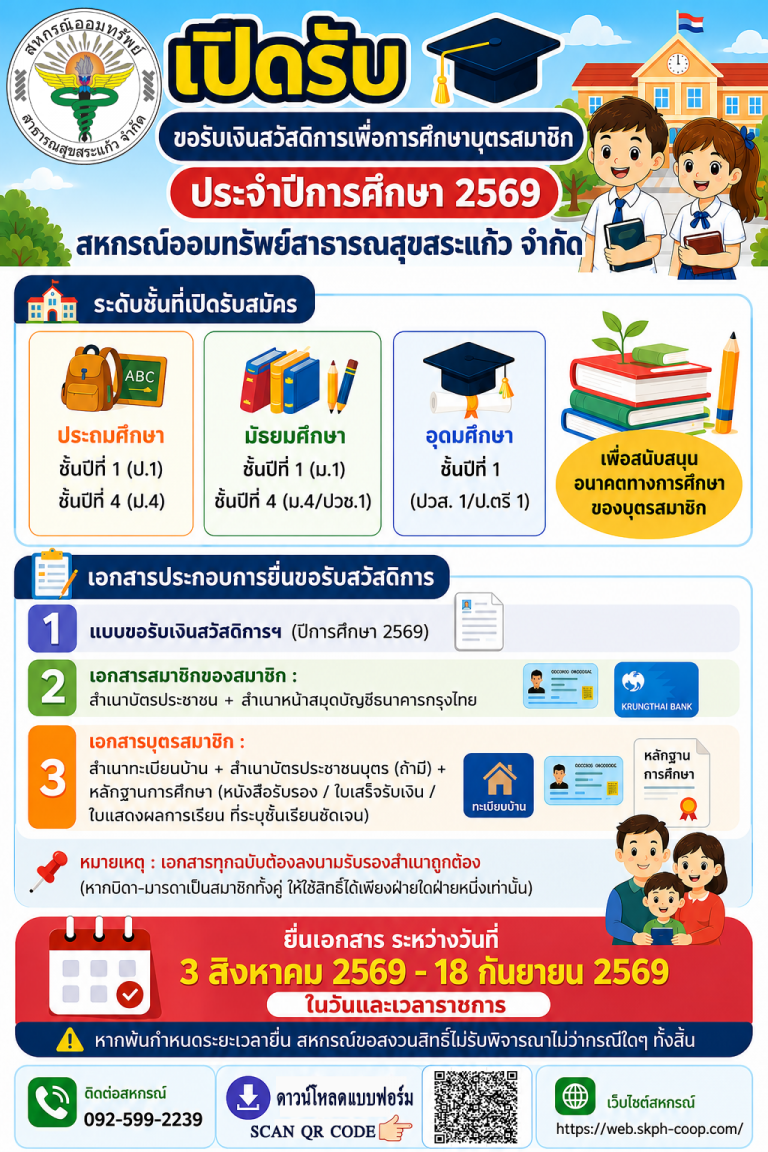 ประกาศรับสมัครทุนการศึกษาบุตรสมาชิกประจำปี 2569