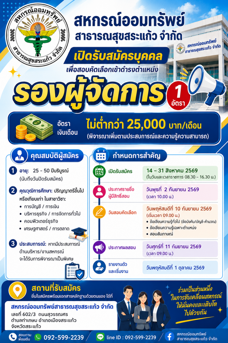 ประกาศรับสมัครตำแหน่งรองผู้จัดการ